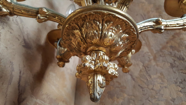 Antique Vintage FRENCH Gilt Gold BRONZE 6 Arm Ornate Ceiling Light Chandelier Lighting