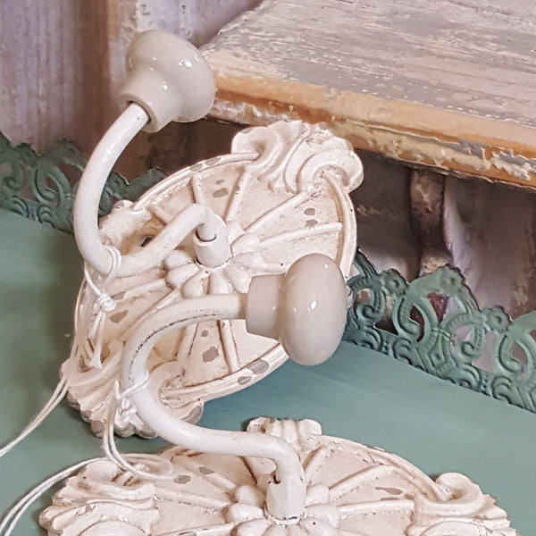 NEW French Vintage CREAM Wall Door Coat Towel HOOKS Shabby Chic Metal Rustic