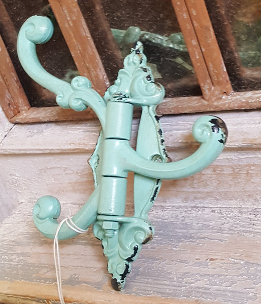 NEW French Vintage GREEN/Blue Wall Door 3 Coat HOOKS Shabby Chic Metal Rustic Distressed