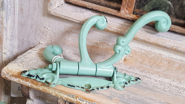 NEW French Vintage GREEN/Blue Wall Door 3 Coat HOOKS Shabby Chic Metal Rustic Distressed