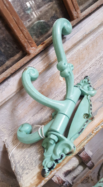NEW French Vintage GREEN/Blue Wall Door 3 Coat HOOKS Shabby Chic Metal Rustic Distressed
