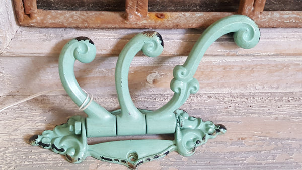NEW French Vintage GREEN/Blue Wall Door 3 Coat HOOKS Shabby Chic Metal Rustic Distressed