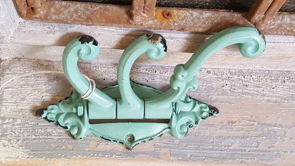 NEW French Vintage GREEN/Blue Wall Door 3 Coat HOOKS Shabby Chic Metal Rustic Distressed