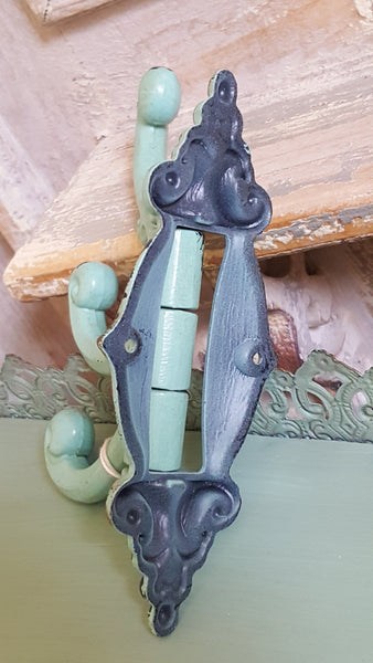 NEW French Vintage GREEN/Blue Wall Door 3 Coat HOOKS Shabby Chic Metal Rustic Distressed