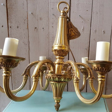 Antique Vintage FRENCH Gilt Gold BRASS 6 Arm Ornate Ceiling Light Chandelier Lighting