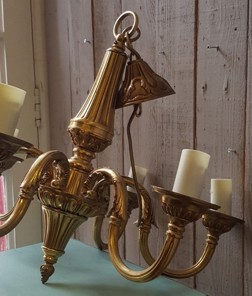 Antique Vintage FRENCH Gilt Gold BRASS 6 Arm Ornate Ceiling Light Chandelier Lighting
