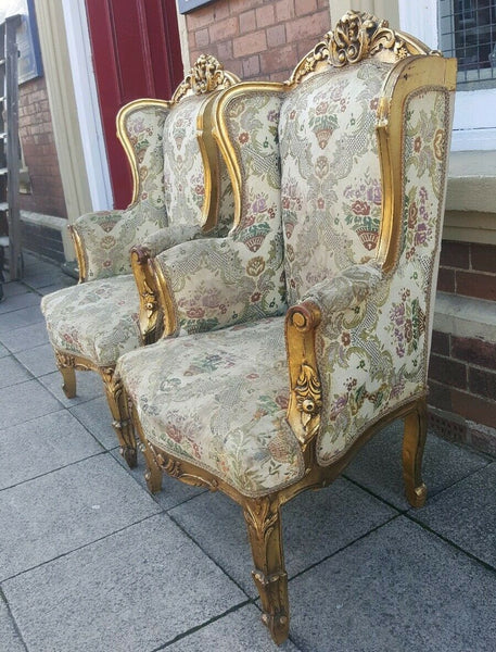 PAIR of Wing Back Antique LOUIS Shabby Chic French Winged Gold Gilt Arm Chairs