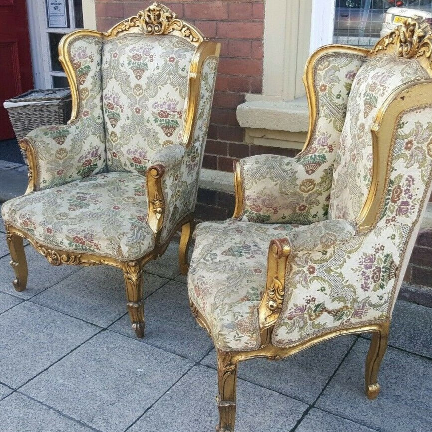 PAIR of Wing Back Antique LOUIS Shabby Chic French Winged Gold Gilt Arm Chairs