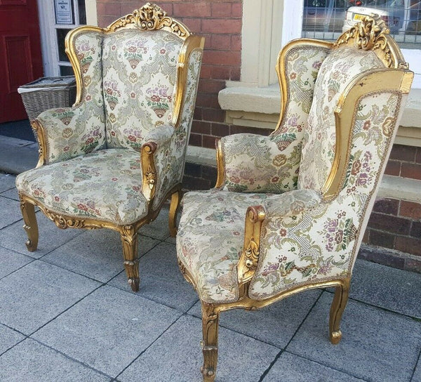 PAIR of Wing Back Antique LOUIS Shabby Chic French Winged Gold Gilt Arm Chairs