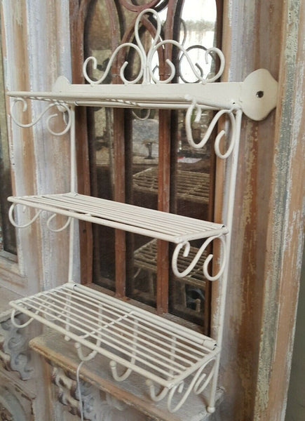 New CREAM Shabby Chic French Vintage RETRO Metal Wire 3 Shelf Kitchen Storage Wall Rack Hooks