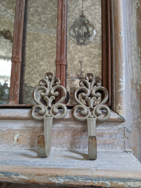 New French Vintage Shabby Chic Metal CREAM Green Rustic Wall Coat Towel Hat HOOK