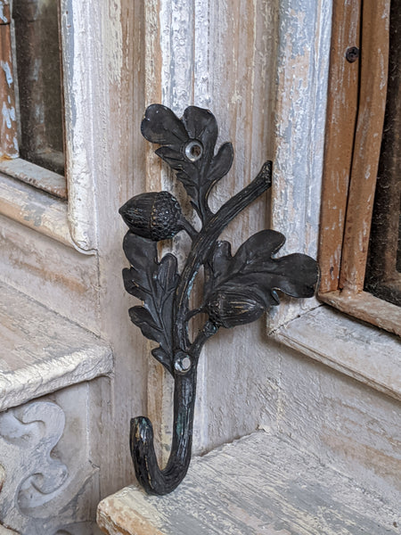 New ACORN Leaf French Vintage Shabby Chic Brass BLACK Rustic Wall Coat HOOK