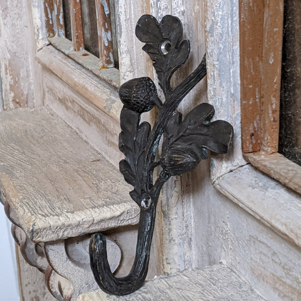 New ACORN Leaf French Vintage Shabby Chic Brass BLACK Rustic Wall Coat HOOK