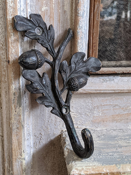 New ACORN Leaf French Vintage Shabby Chic Brass BLACK Rustic Wall Coat HOOK
