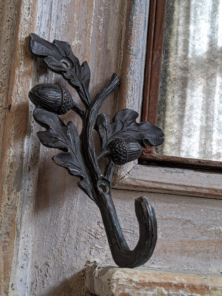 New ACORN Leaf French Vintage Shabby Chic Brass BLACK Rustic Wall Coat HOOK