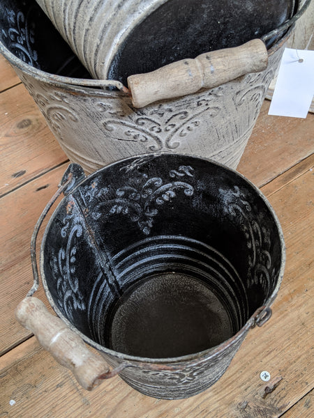 NEW French Grey Zinc Vintage Shabby Chic Set of 3 Planter Metal Baskets Pots Buckets Bin Pail