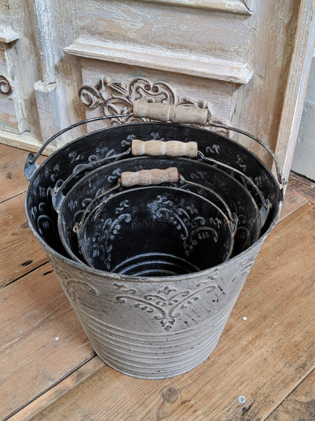 NEW French Grey Zinc Vintage Shabby Chic Set of 3 Planter Metal Baskets Pots Buckets Bin Pail