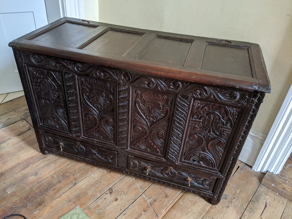 Antique OAK 17th Century Wooden Storage Carved Trunk MULE Chest COFFER with Drawers