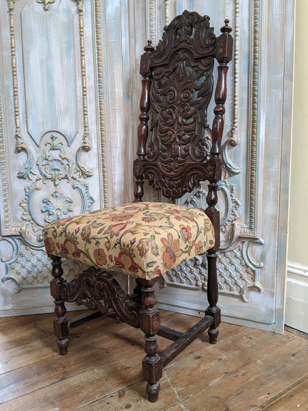 19th Century JACOBEAN Antique Vintage Oak Wood HIGH Carved Dining Side Chair
