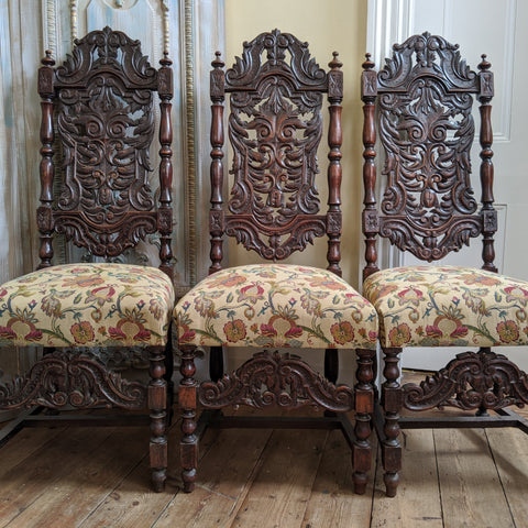 19th Century JACOBEAN Antique Vintage Oak Wood HIGH Carved Dining Side Chair