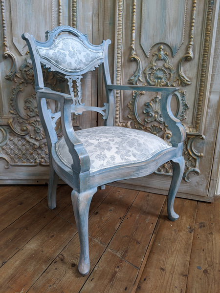 FRENCH Style Mahogany Shabby Chic Distressed Blue Floral LINEN Hall Boudoir Armchair