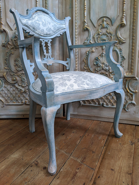 FRENCH Style Mahogany Shabby Chic Distressed Blue Floral LINEN Hall Boudoir Armchair
