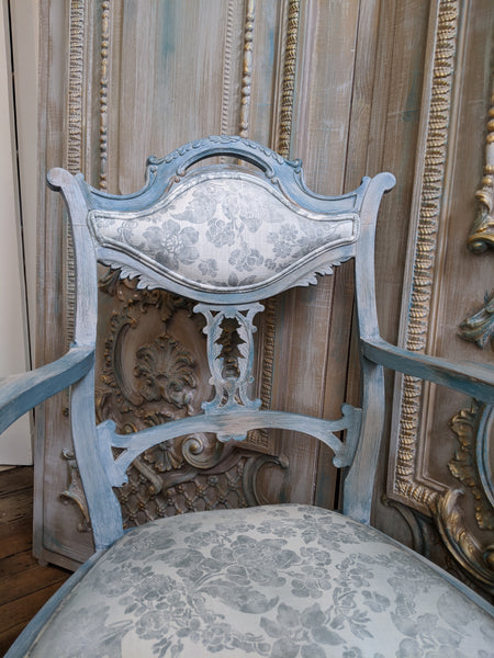 FRENCH Style Mahogany Shabby Chic Distressed Blue Floral LINEN Hall Boudoir Armchair