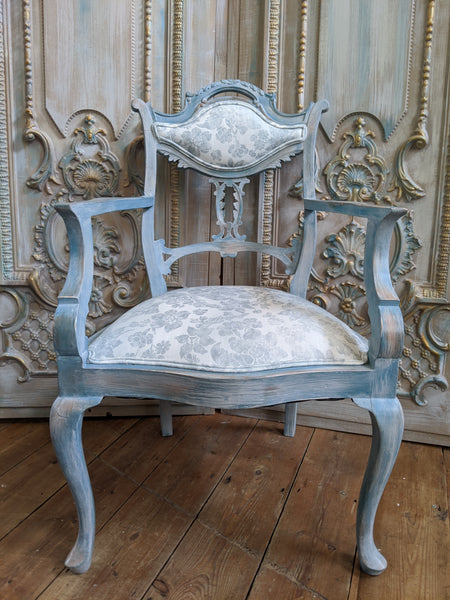 FRENCH Style Mahogany Shabby Chic Distressed Blue Floral LINEN Hall Boudoir Armchair