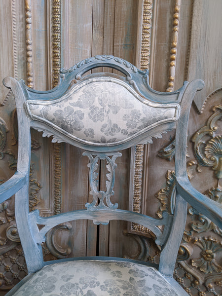 FRENCH Style Mahogany Shabby Chic Distressed Blue Floral LINEN Hall Boudoir Armchair