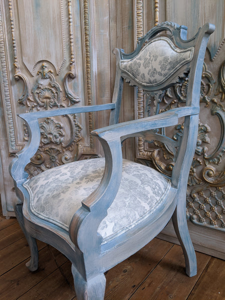 FRENCH Style Mahogany Shabby Chic Distressed Blue Floral LINEN Hall Boudoir Armchair