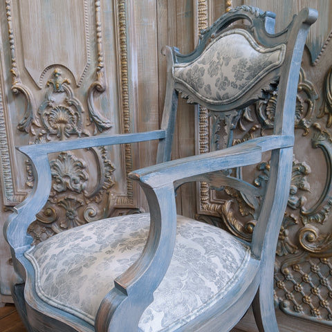 FRENCH Style Mahogany Shabby Chic Distressed Blue Floral LINEN Hall Boudoir Armchair