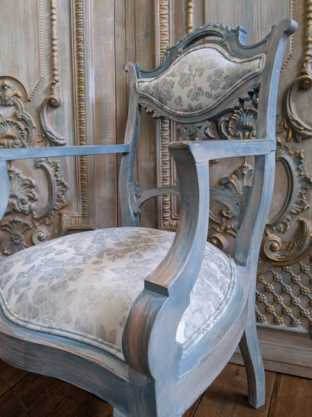 FRENCH Style Mahogany Shabby Chic Distressed Blue Floral LINEN Hall Boudoir Armchair