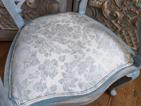 FRENCH Style Mahogany Shabby Chic Distressed Blue Floral LINEN Hall Boudoir Armchair