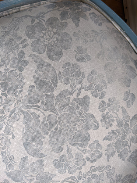 FRENCH Style Mahogany Shabby Chic Distressed Blue Floral LINEN Hall Boudoir Armchair