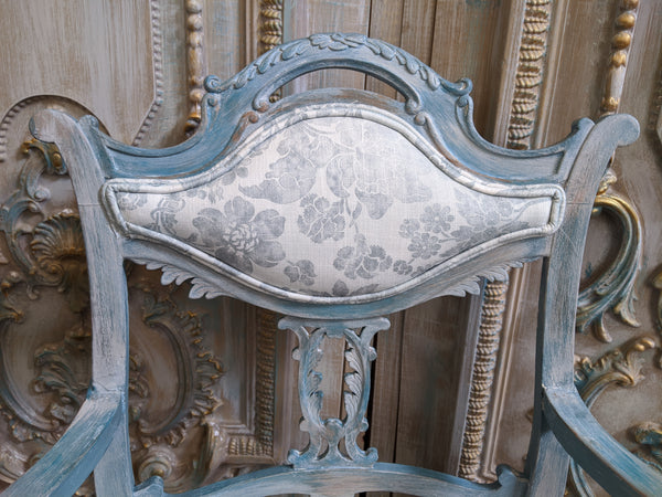 FRENCH Style Mahogany Shabby Chic Distressed Blue Floral LINEN Hall Boudoir Armchair