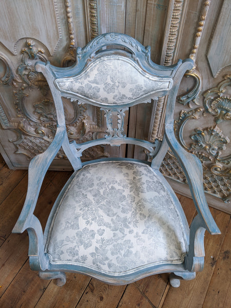 FRENCH Style Mahogany Shabby Chic Distressed Blue Floral LINEN Hall Boudoir Armchair