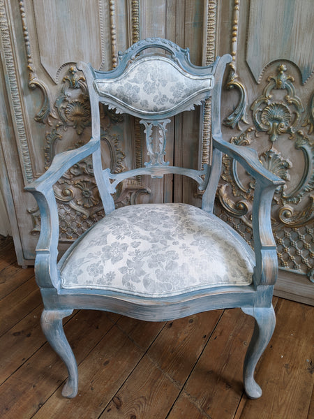 FRENCH Style Mahogany Shabby Chic Distressed Blue Floral LINEN Hall Boudoir Armchair