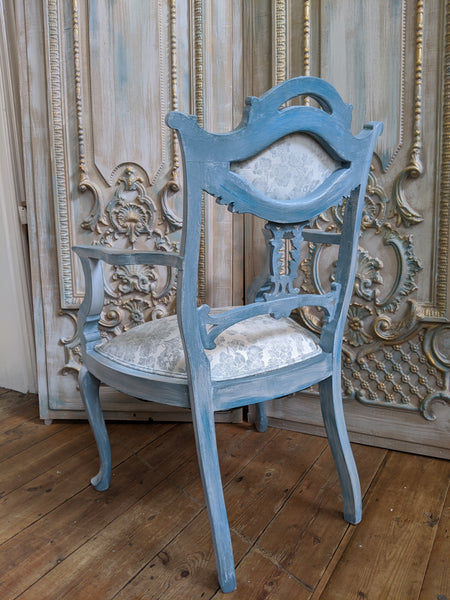 FRENCH Style Mahogany Shabby Chic Distressed Blue Floral LINEN Hall Boudoir Armchair