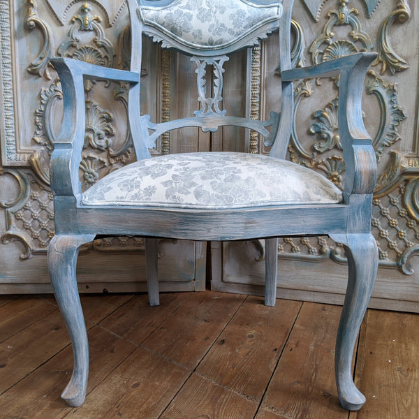 FRENCH Style Mahogany Shabby Chic Distressed Blue Floral LINEN Hall Boudoir Armchair