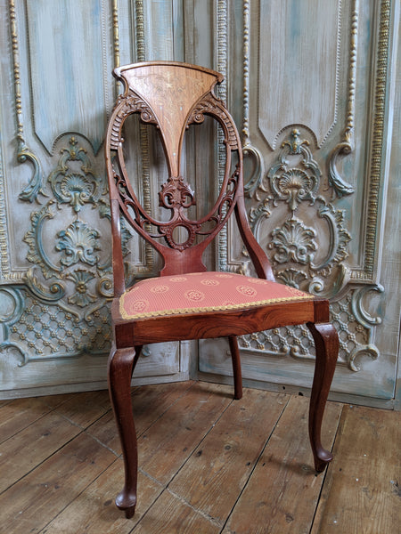 INLAID Antique ART NOUVEAU Walnut Carved Back Ornate Hall Parlour Occasional Chair