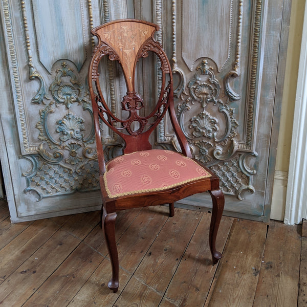 INLAID Antique ART NOUVEAU Walnut Carved Back Ornate Hall Parlour Occasional Chair