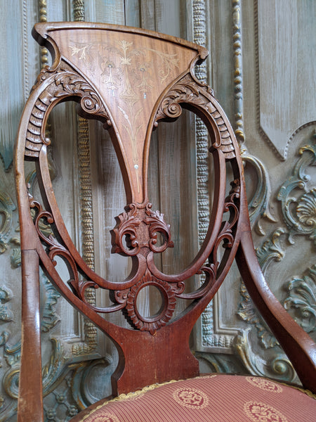 INLAID Antique ART NOUVEAU Walnut Carved Back Ornate Hall Parlour Occasional Chair