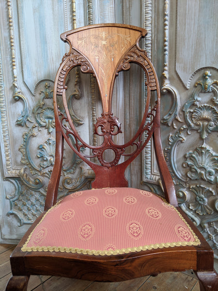 INLAID Antique ART NOUVEAU Walnut Carved Back Ornate Hall Parlour Occasional Chair