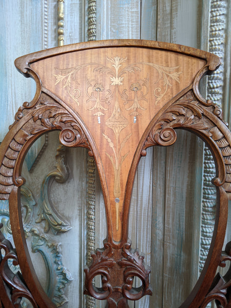 INLAID Antique ART NOUVEAU Walnut Carved Back Ornate Hall Parlour Occasional Chair