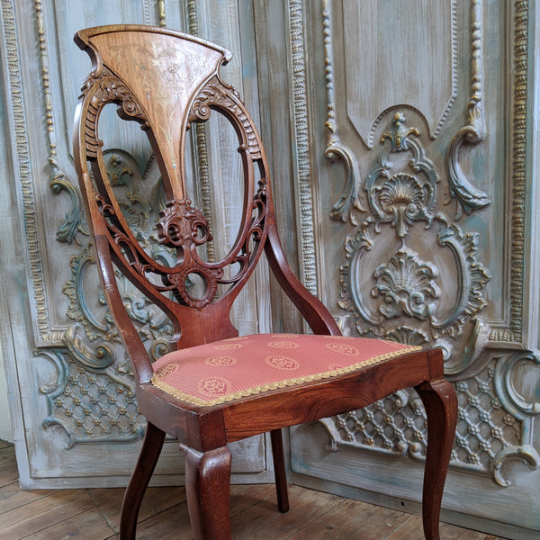 INLAID Antique ART NOUVEAU Walnut Carved Back Ornate Hall Parlour Occasional Chair