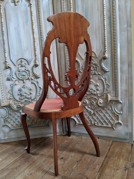 INLAID Antique ART NOUVEAU Walnut Carved Back Ornate Hall Parlour Occasional Chair