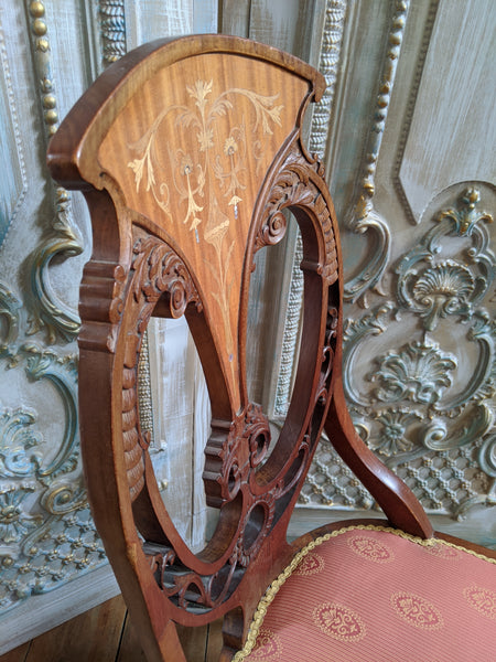 INLAID Antique ART NOUVEAU Walnut Carved Back Ornate Hall Parlour Occasional Chair