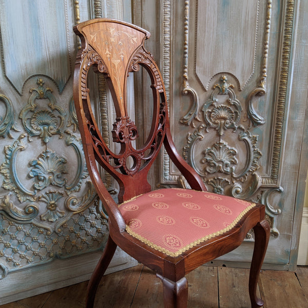 INLAID Antique ART NOUVEAU Walnut Carved Back Ornate Hall Parlour Occasional Chair