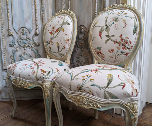 FRENCH LOUIS Shabby Chic Cream Carved Floral LINEN Hall Boudoir Chair