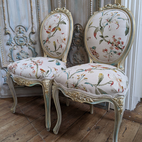 FRENCH LOUIS Shabby Chic Cream Carved Floral LINEN Hall Boudoir Chair